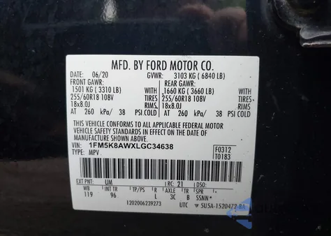 2020 Ford Police Interceptor из США, поврежденный, VIN 1FM5K8AWXLGC34638